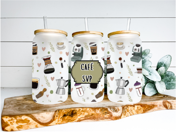 Verre en vitre avec couvercle de bambou'' Café svp + accessoires ''