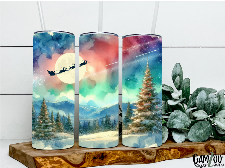 Thermos paysage de forêt avec père Noël dans le ciel