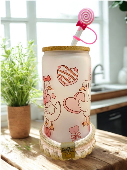 Verre en vitre avec couvercle de bambou"Trio " les oies